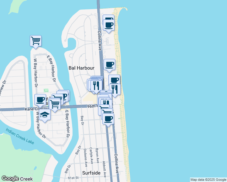 map of restaurants, bars, coffee shops, grocery stores, and more near 9703 Collins Avenue in Bal Harbour