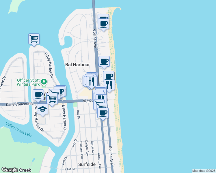 map of restaurants, bars, coffee shops, grocery stores, and more near in Miami Beach