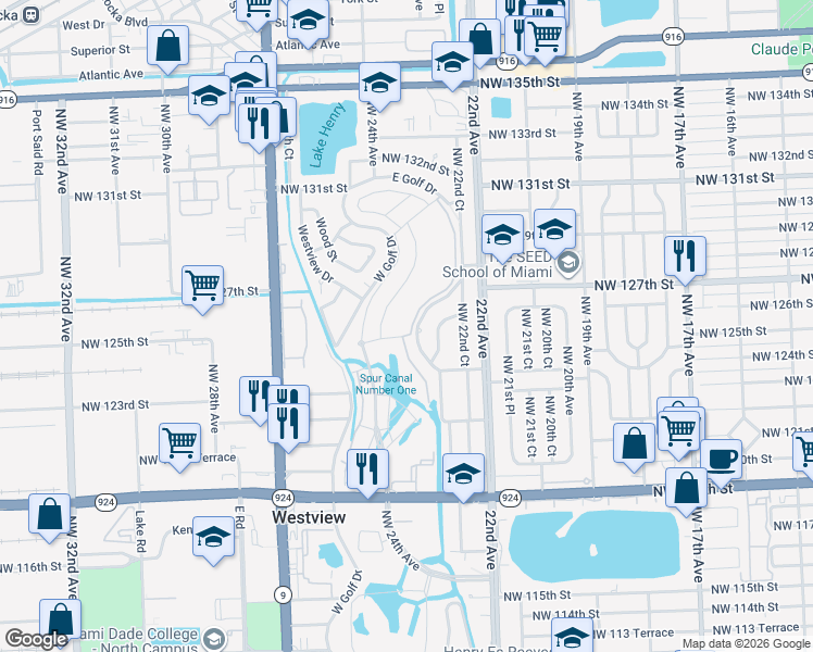 map of restaurants, bars, coffee shops, grocery stores, and more near 12501 East Golf Drive in North Miami