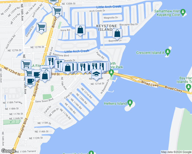 map of restaurants, bars, coffee shops, grocery stores, and more near 2190 Northeast 122nd Street in North Miami