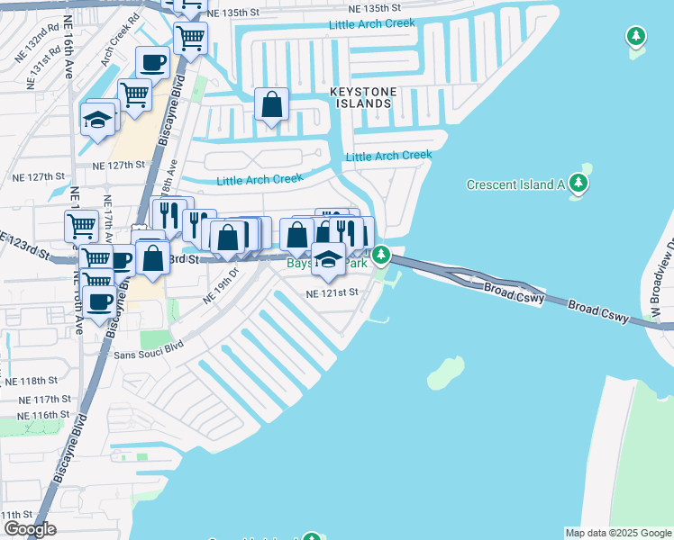 map of restaurants, bars, coffee shops, grocery stores, and more near 2190 Northeast 122nd Street in North Miami