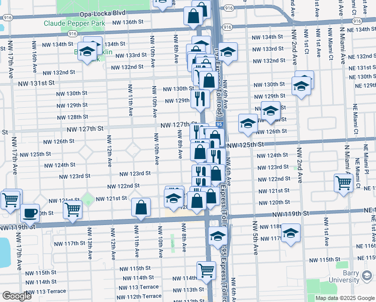 map of restaurants, bars, coffee shops, grocery stores, and more near 12415 Northwest 8th Avenue in North Miami