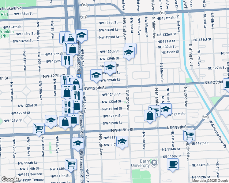 map of restaurants, bars, coffee shops, grocery stores, and more near 410 Northwest 124th Street in North Miami