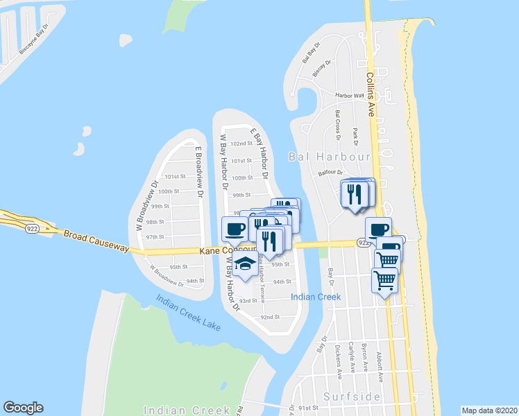 map of restaurants, bars, coffee shops, grocery stores, and more near 9780 Bay Harbor Terrace in Bay Harbor Islands