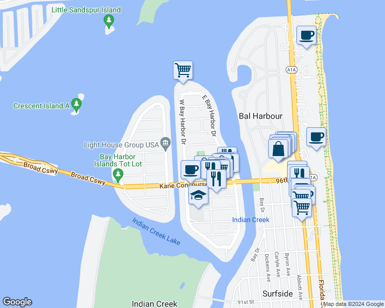 map of restaurants, bars, coffee shops, grocery stores, and more near 1150 98th Street in Bay Harbor Islands