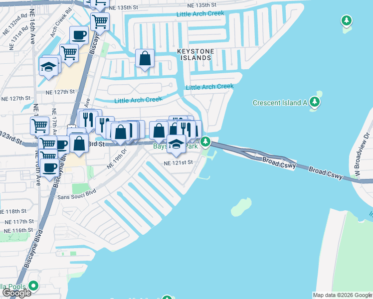 map of restaurants, bars, coffee shops, grocery stores, and more near 2190 Northeast 122nd Street in North Miami