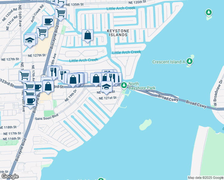 map of restaurants, bars, coffee shops, grocery stores, and more near 2190 Northeast 122nd Street in North Miami