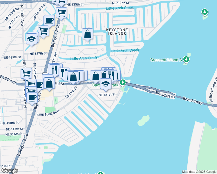 map of restaurants, bars, coffee shops, grocery stores, and more near 2190 Northeast 122nd Street in North Miami