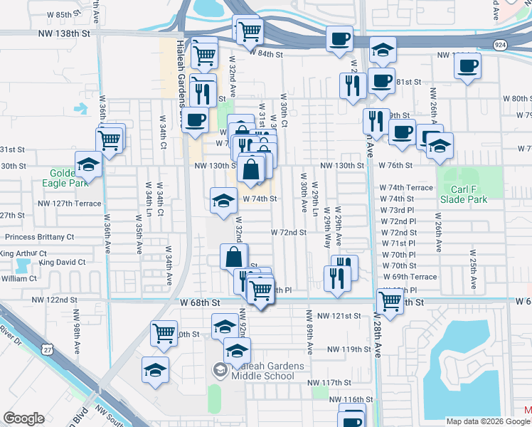 map of restaurants, bars, coffee shops, grocery stores, and more near 3103 West 72nd Terrace in Hialeah