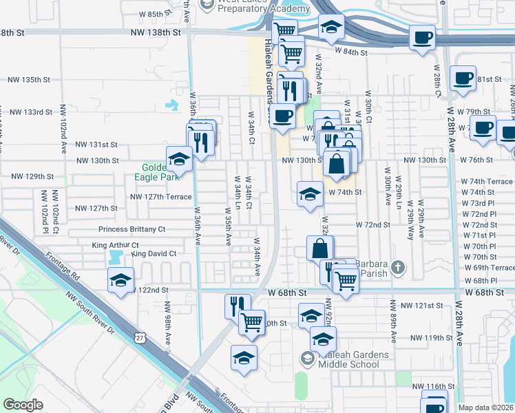 map of restaurants, bars, coffee shops, grocery stores, and more near 7260 West 34th Avenue in Hialeah