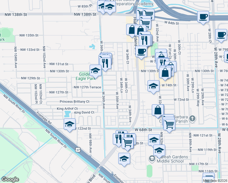 map of restaurants, bars, coffee shops, grocery stores, and more near 3549 West 72nd Place in Hialeah