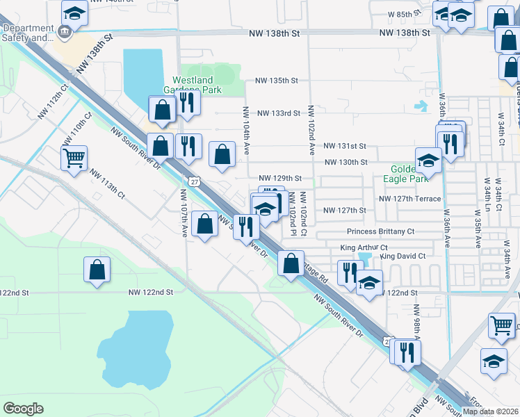 map of restaurants, bars, coffee shops, grocery stores, and more near 10350 Northwest 127th Street in Hialeah