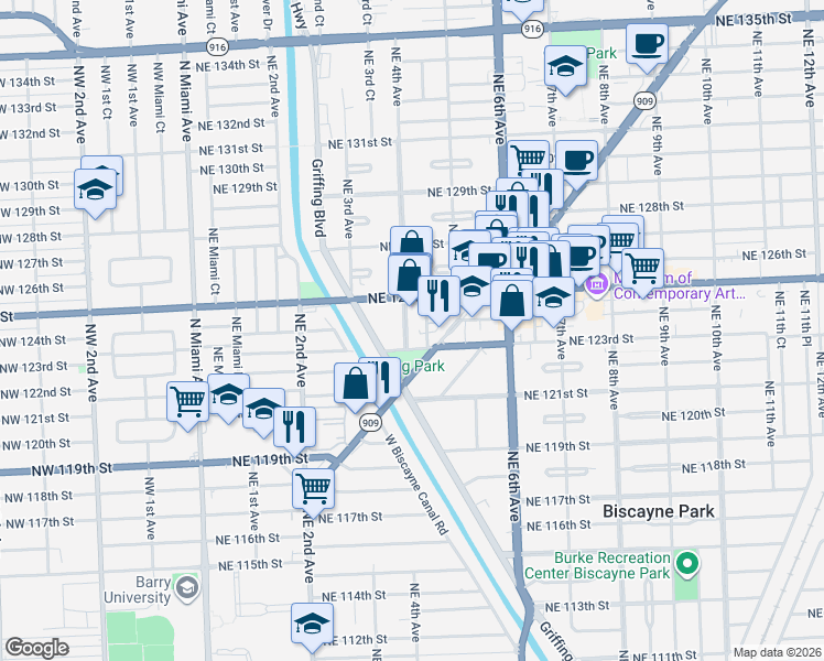 map of restaurants, bars, coffee shops, grocery stores, and more near 12315 Northeast 4th Avenue in North Miami