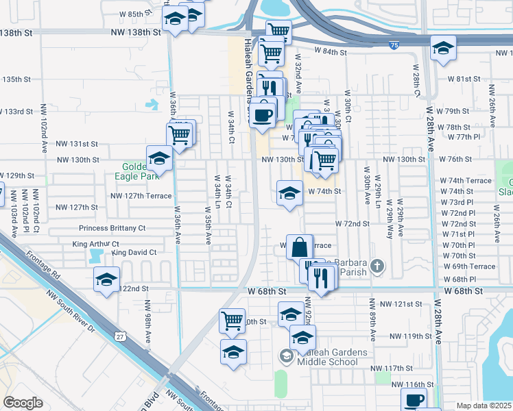map of restaurants, bars, coffee shops, grocery stores, and more near Hialeah Gardens Boulevard in Miami-Dade County