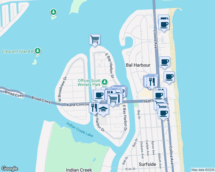map of restaurants, bars, coffee shops, grocery stores, and more near 9780 Bay Harbor Terrace in Bay Harbor Islands