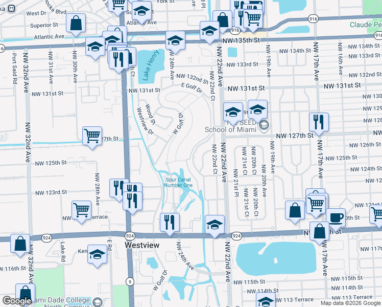 map of restaurants, bars, coffee shops, grocery stores, and more near 12501 East Golf Drive in North Miami