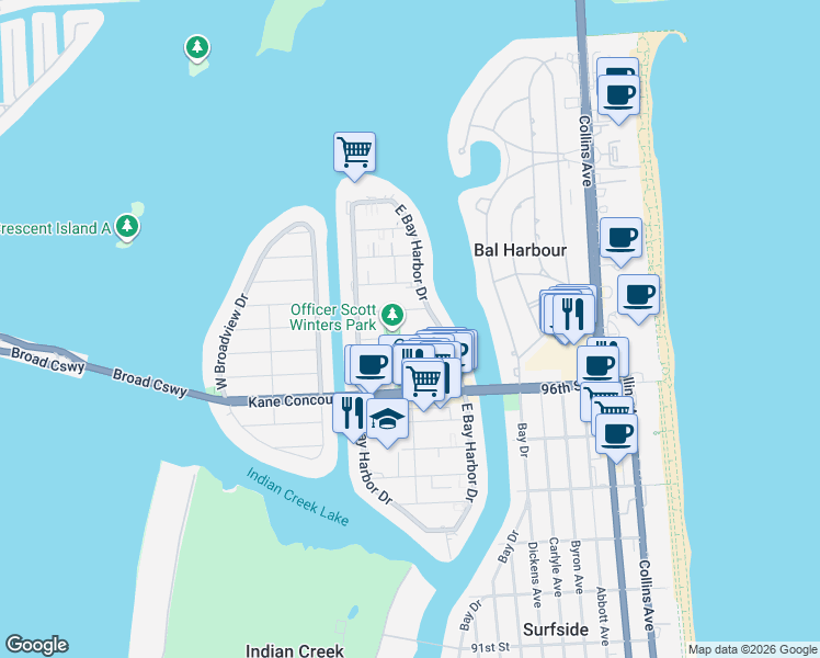 map of restaurants, bars, coffee shops, grocery stores, and more near 9780 Bay Harbor Terrace in Bay Harbor Islands