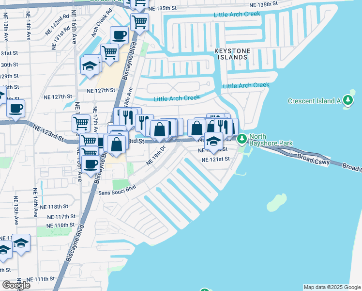 map of restaurants, bars, coffee shops, grocery stores, and more near 2150 Sans Souci Boulevard in North Miami