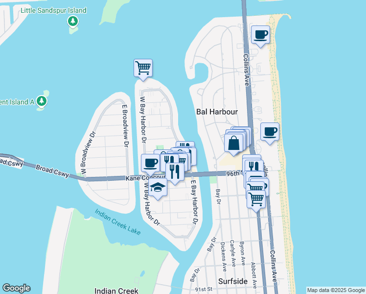 map of restaurants, bars, coffee shops, grocery stores, and more near 9770 East Bay Harbor Drive in Bay Harbor Islands