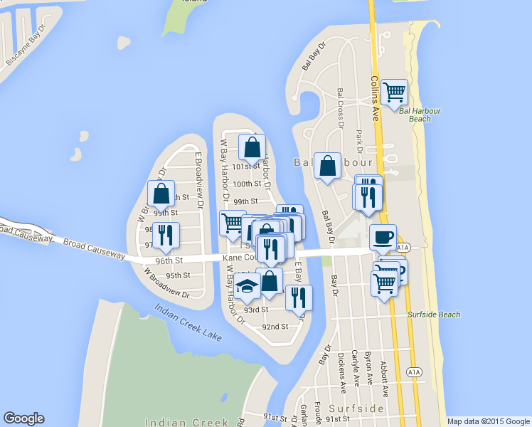 map of restaurants, bars, coffee shops, grocery stores, and more near 9780 Bay Harbor Terrace in Bay Harbor Islands