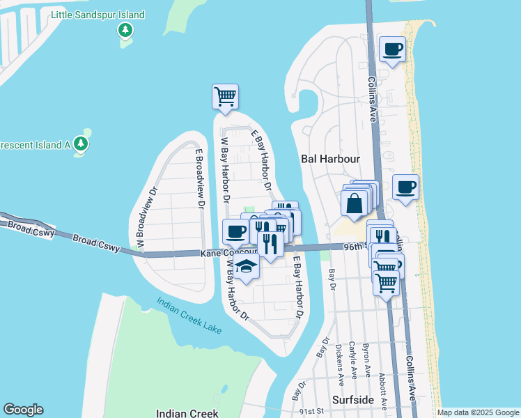 map of restaurants, bars, coffee shops, grocery stores, and more near 9780 Bay Harbor Terrace in Bay Harbor Islands
