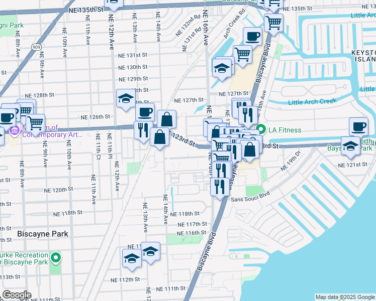 map of restaurants, bars, coffee shops, grocery stores, and more near 1550 Northeast 123rd Street in North Miami