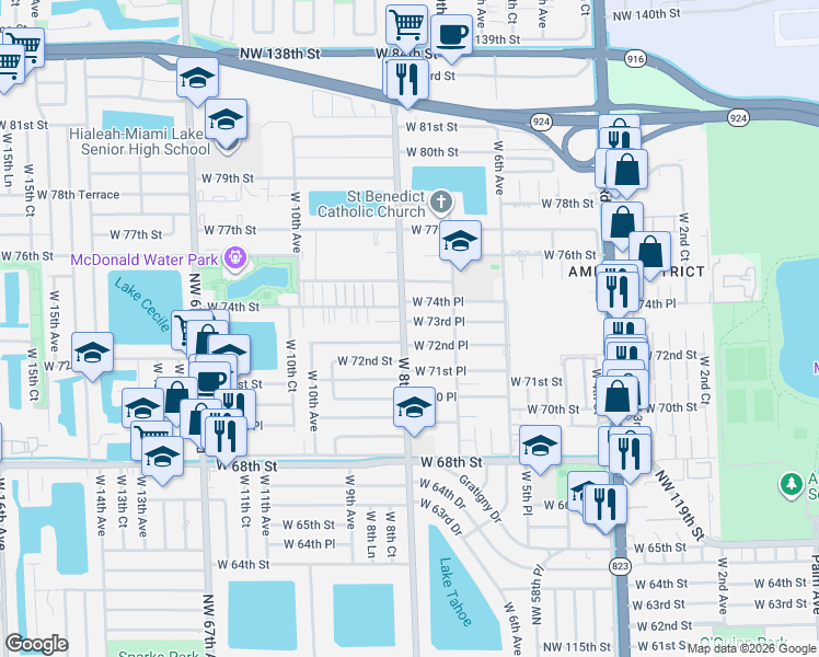 map of restaurants, bars, coffee shops, grocery stores, and more near 795 West 72nd Place in Hialeah