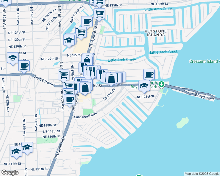 map of restaurants, bars, coffee shops, grocery stores, and more near 12150 Northeast 19th Avenue in North Miami
