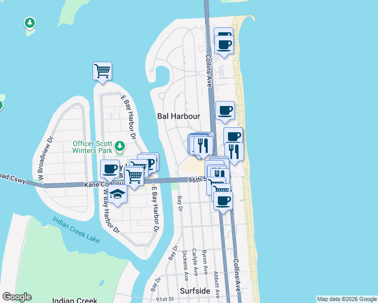 map of restaurants, bars, coffee shops, grocery stores, and more near 9698 Harding Avenue in Bal Harbour