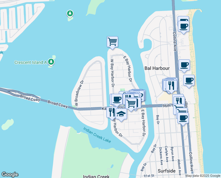map of restaurants, bars, coffee shops, grocery stores, and more near 9821 East Broadview Drive in Bay Harbor Islands