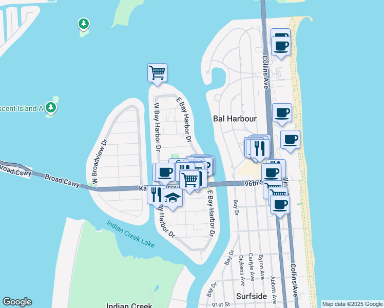map of restaurants, bars, coffee shops, grocery stores, and more near 9770 East Bay Harbor Drive in Bay Harbor Islands