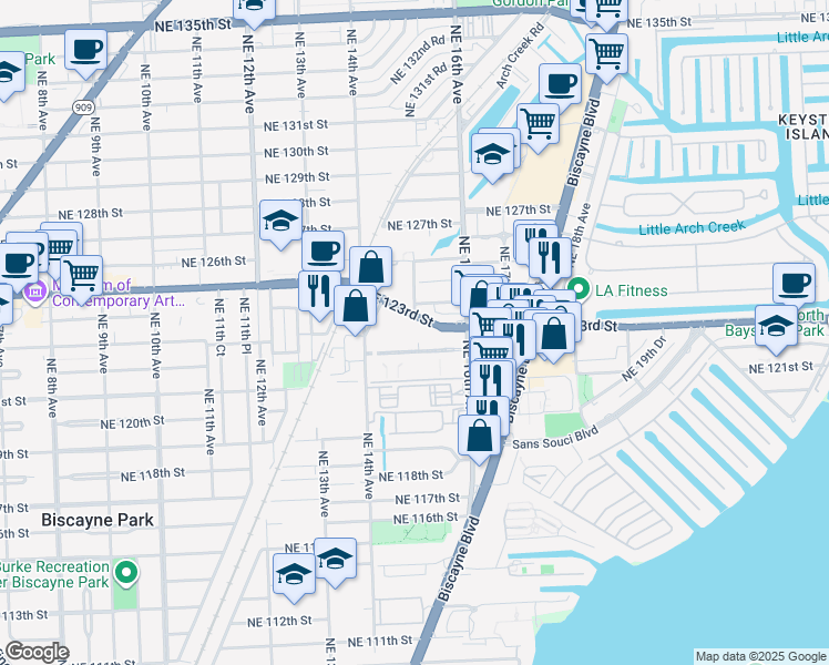 map of restaurants, bars, coffee shops, grocery stores, and more near 1470 Northeast 123rd Street in North Miami