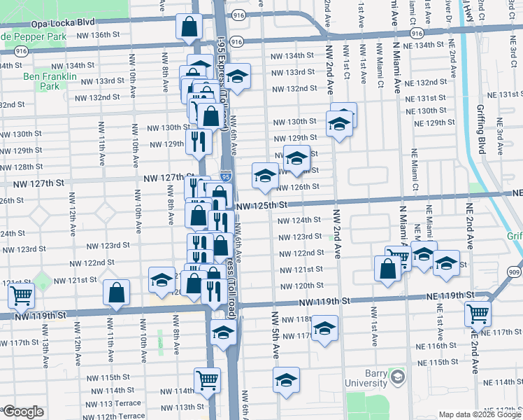 map of restaurants, bars, coffee shops, grocery stores, and more near 555 Northwest 124th Street in North Miami