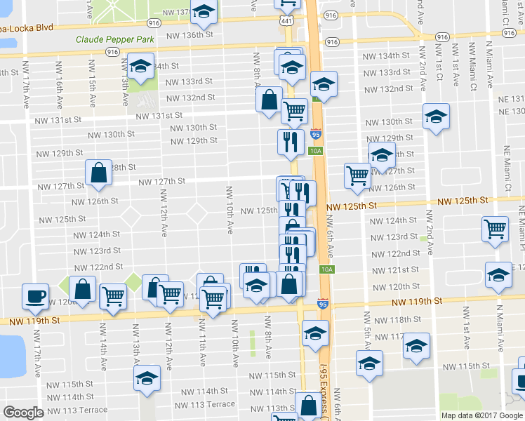 map of restaurants, bars, coffee shops, grocery stores, and more near 12415 Northwest 8th Avenue in North Miami