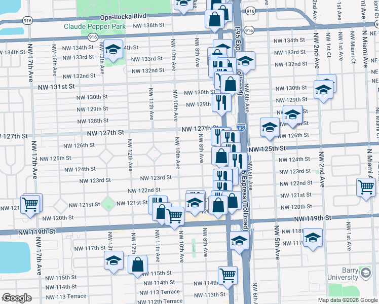 map of restaurants, bars, coffee shops, grocery stores, and more near 905 Northwest 124th Street in North Miami
