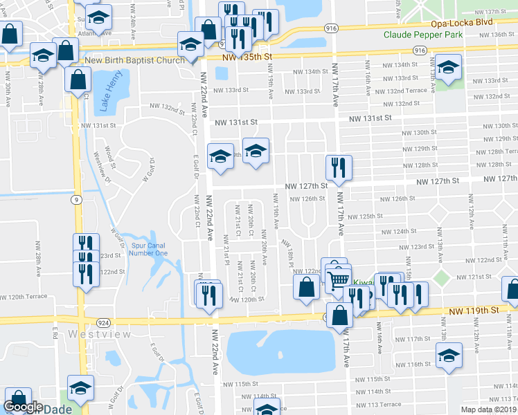 map of restaurants, bars, coffee shops, grocery stores, and more near 12500 Northwest 20th Avenue in North Miami