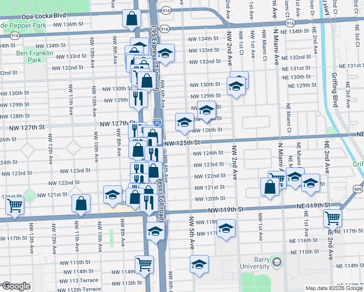 map of restaurants, bars, coffee shops, grocery stores, and more near 555 Northwest 124th Street in North Miami