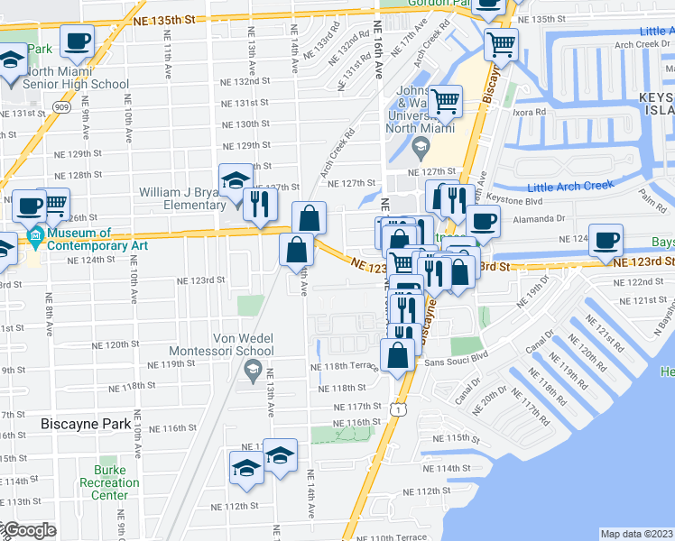 map of restaurants, bars, coffee shops, grocery stores, and more near 1470 Northeast 123rd Street in North Miami