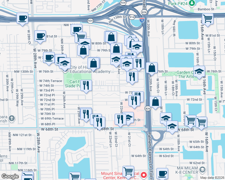 map of restaurants, bars, coffee shops, grocery stores, and more near 174 West 72nd Place in Hialeah