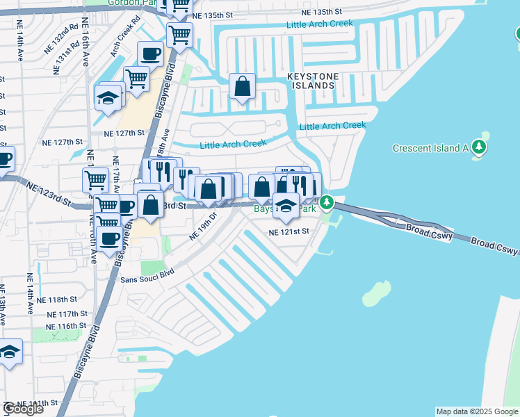 map of restaurants, bars, coffee shops, grocery stores, and more near 2120 Northeast 122nd Street in North Miami