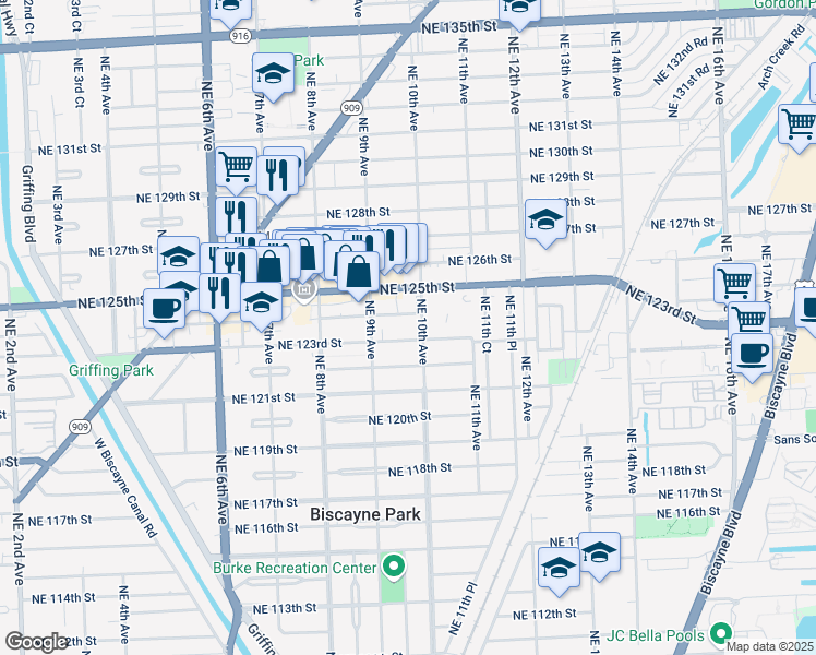 map of restaurants, bars, coffee shops, grocery stores, and more near 950 Northeast 124th Street in North Miami