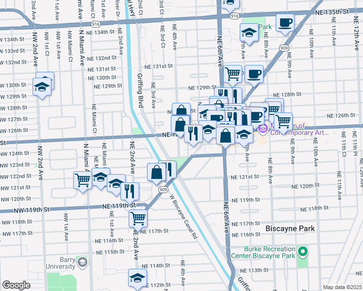 map of restaurants, bars, coffee shops, grocery stores, and more near 12315 Northeast 4th Avenue in North Miami