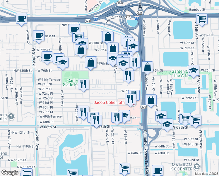 map of restaurants, bars, coffee shops, grocery stores, and more near 174 West 72nd Place in Hialeah