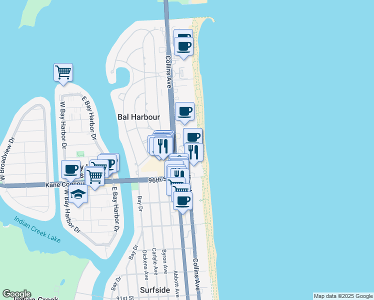 map of restaurants, bars, coffee shops, grocery stores, and more near 9601 Collins Avenue in Bal Harbour