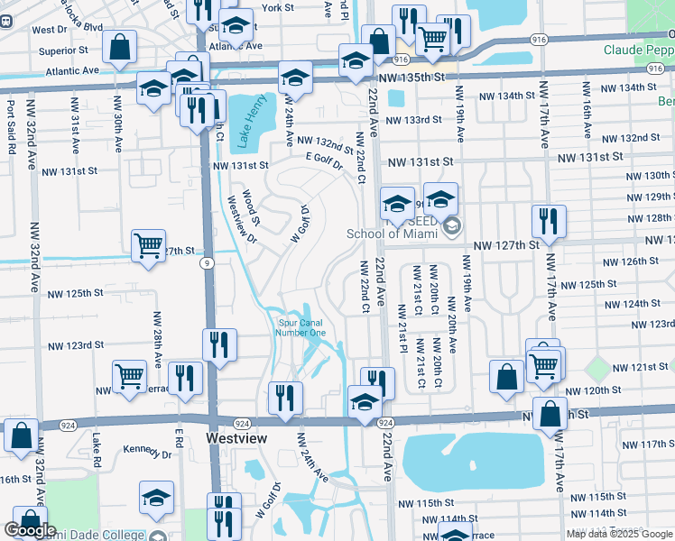 map of restaurants, bars, coffee shops, grocery stores, and more near 12601 East Golf Drive in Miami