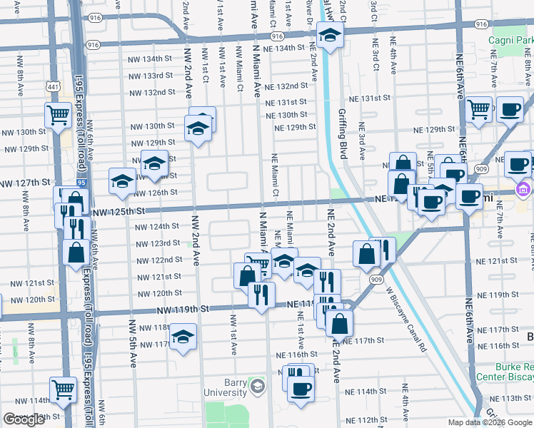 map of restaurants, bars, coffee shops, grocery stores, and more near 15 Northeast 124th Terrace in North Miami