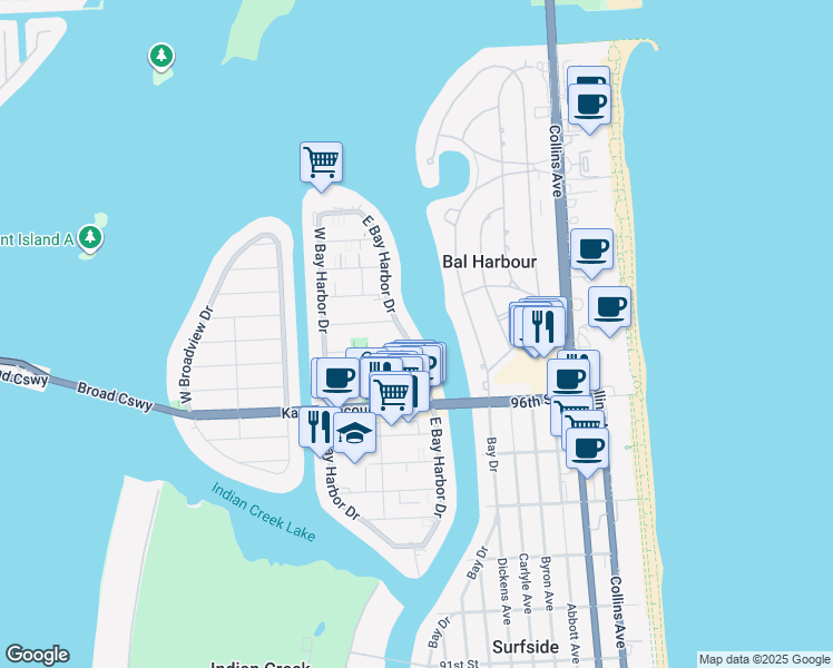 map of restaurants, bars, coffee shops, grocery stores, and more near 9770 East Bay Harbor Drive in Bay Harbor Islands