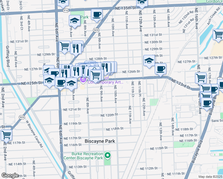 map of restaurants, bars, coffee shops, grocery stores, and more near 990 Northeast 125th Street in North Miami