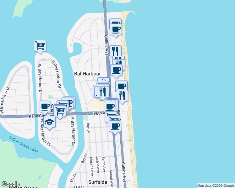map of restaurants, bars, coffee shops, grocery stores, and more near 9801 Collins Avenue in Bal Harbour