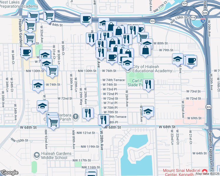 map of restaurants, bars, coffee shops, grocery stores, and more near 2738 West 74th Terrace in Hialeah